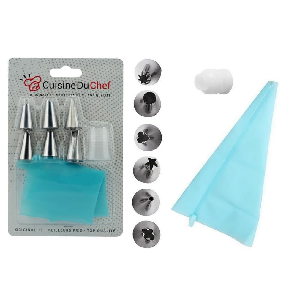 Cuisineduchef ✮ | Silicone Piping Bag Set 6 Stainless Steel Nozzles for Pastry, Cakes and Cream Kit, Cups, Meringue | Reusable Flexible Pocket | Ideal for Decorating & DIY