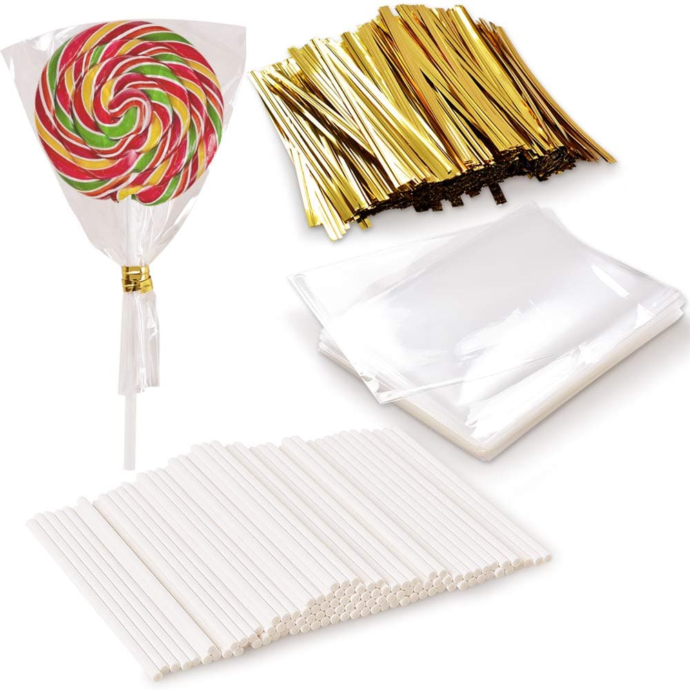 1000 PCS Lollipop Set Including 100 Pack Lollipop Treat Sticks, 100 Pieces of Lollipop Parcel Bags, and 800 Pieces of Wire Lines