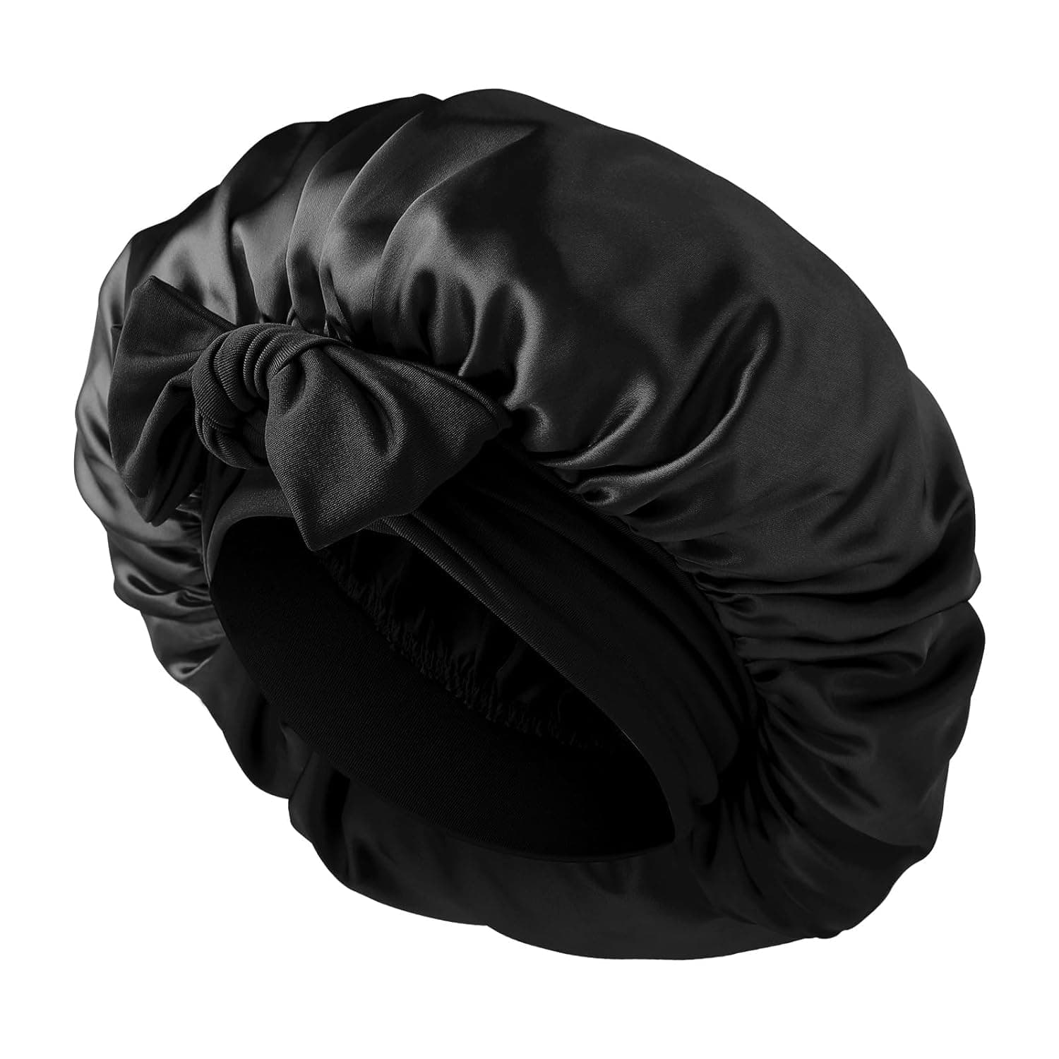 Women's Adjustable Reversible Satin Bonnet, Silk Hair Cap for Sleeping With Tie Band (Black)