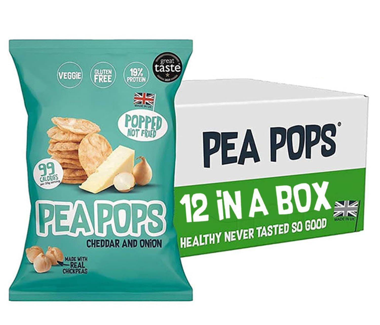 Food Factor Pea Pops Healthy Protein Chips - Delicious Chikpea Crisps 19% Protein Less Fat, Low Calorie, Gluten Free, Veggie Protein Snacks, Popped (Not Fried) 23g (Cheddar & Onion, Pack of 12)