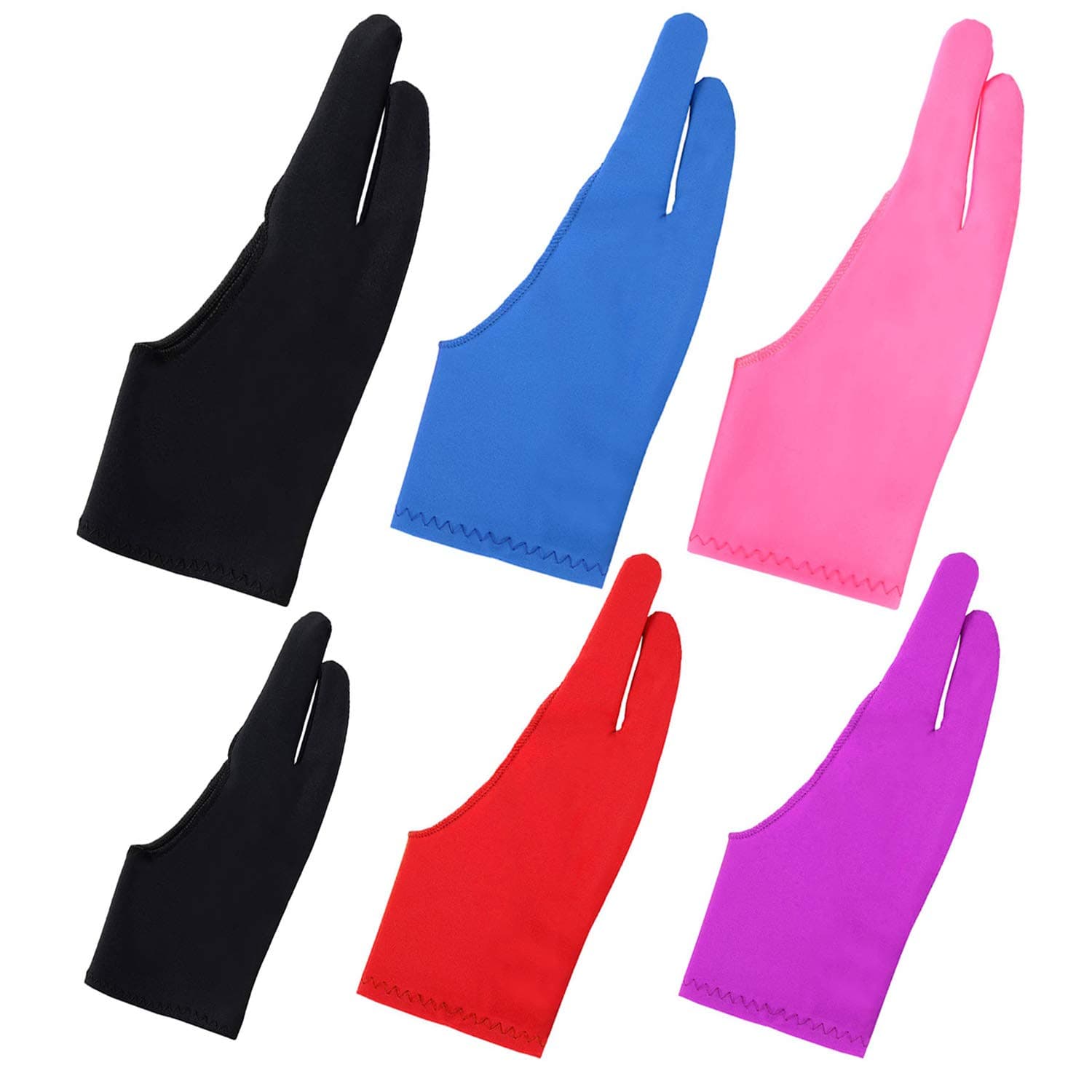 6pcs/3 Sizes Artist Gloves for Drawing Tablets Two-Finger, Left or Right Hand, Small/Medium/Large Gloves for Graphics Tablet iPad Pro - Blue, Pink, Black, Purple, Red