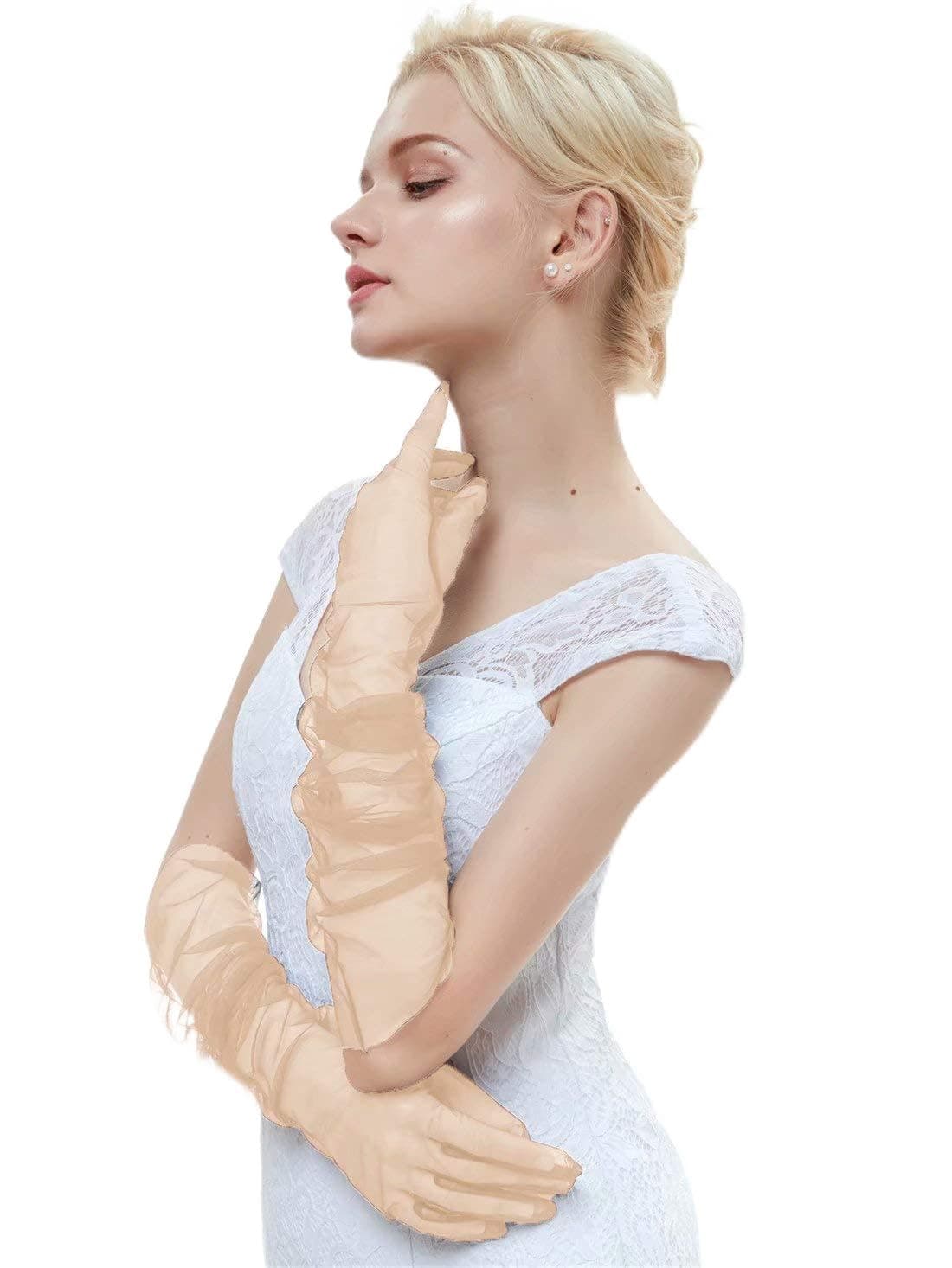 DIY Tulle 27" Long Gloves Lace Semi Sheer TECH Touchscreen Bridal Wedding Gloves G12 Champagne