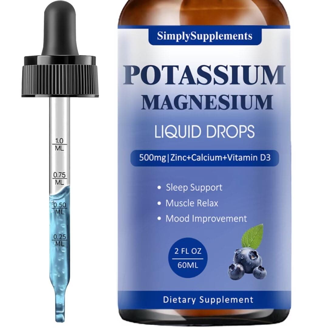 Potassium Magnesium Supplement - Potassium 99mg & 500mg Magnesium Glycinate Complex Liquid Drops with Calcium, Zinc, Vitamin B6, D3 - Energy & Bone & Muscle Support - 2 Fl oz