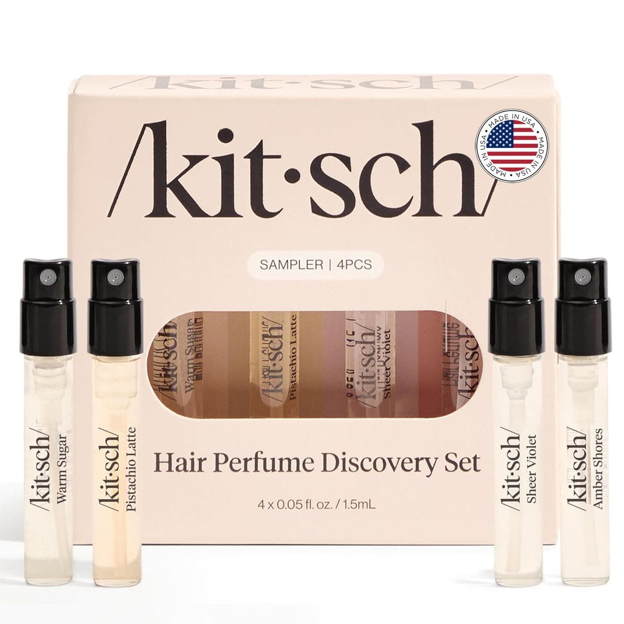 Kitsch Hair Perfume For Women (Discovery Set) - Pistachio Latte, Warm Sugar, Sheer Violet & Amber Waves - Patented Odor-Eliminating Technology, Hair Spray and Body Mist - 4 x 1.5mL