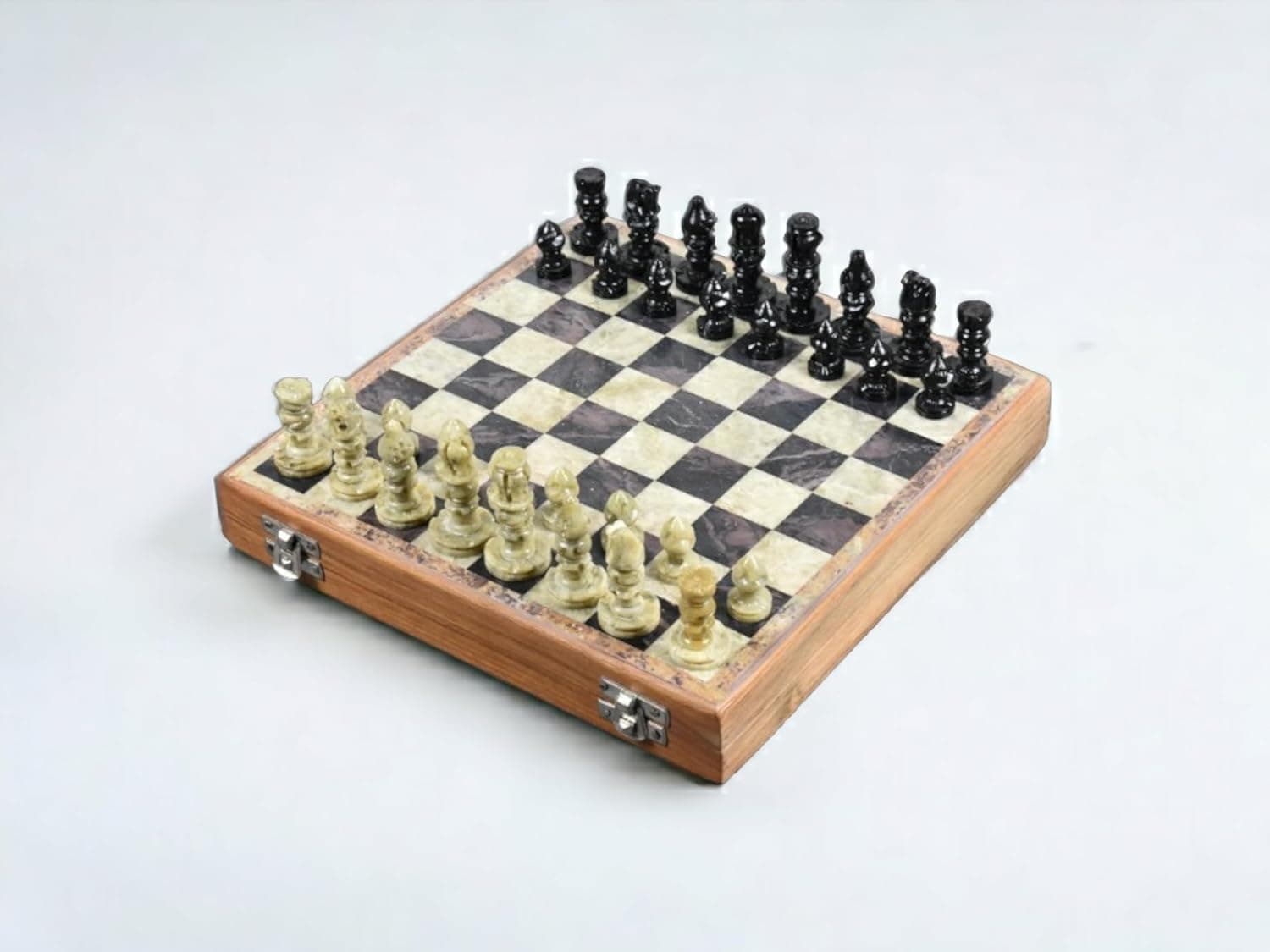 India Stone Handicraft Chess Set 8" inch ~ Indian Handmade Unique Gift Chess Board with Wooden Base with Stone Inlay & Stone Pawn Pieces Game Chess Set Hand Carved Gorara Soapstone Marble Chess Set