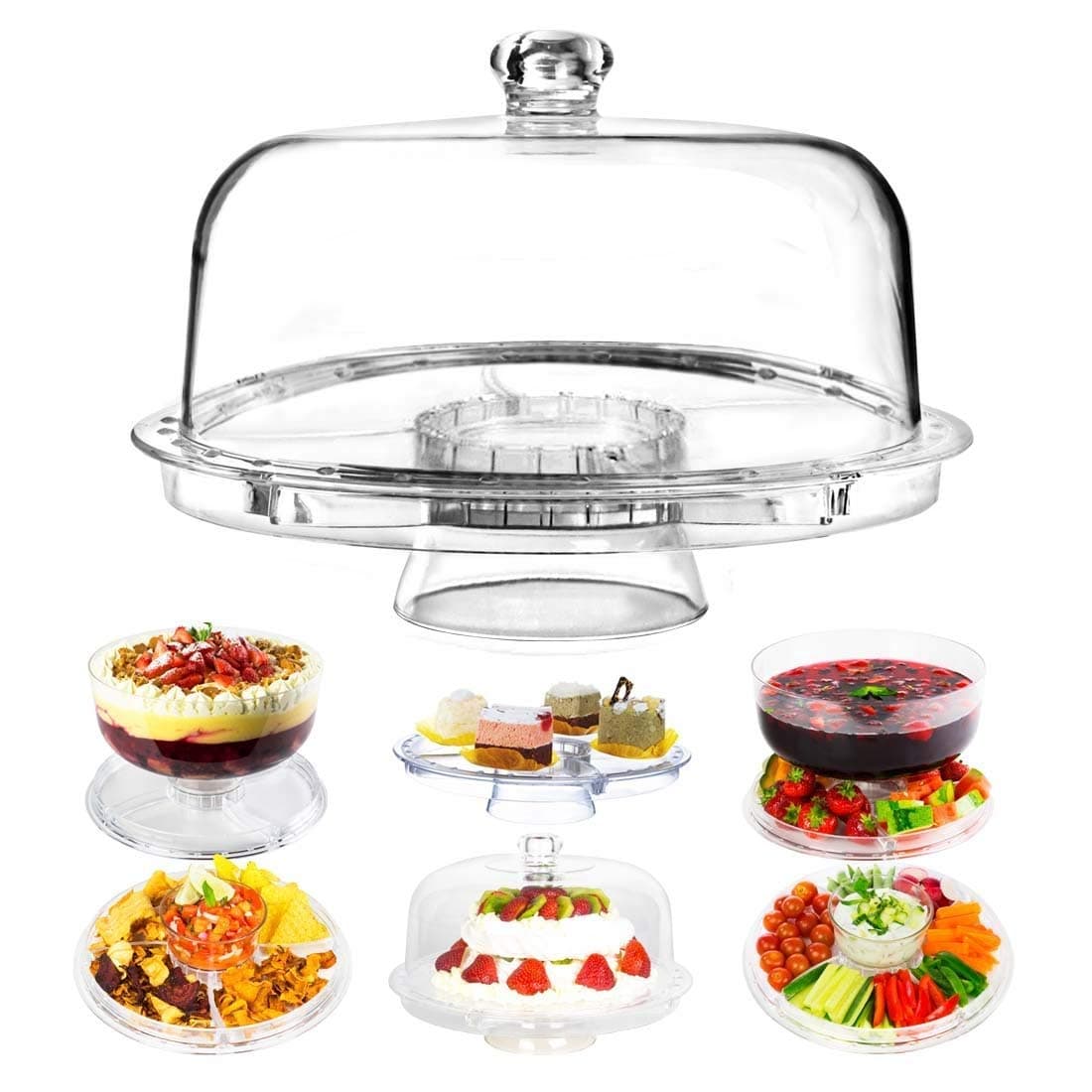 Dome Cake Stand | 6 in 1 Multifunctional 12 Inch Serving Platter with Crystal Clear Acrylic Display for Dessert Tray Fruit Cookie Sweets Muffin Salad Server Punch Bowl for Weddings and Parties | 1273