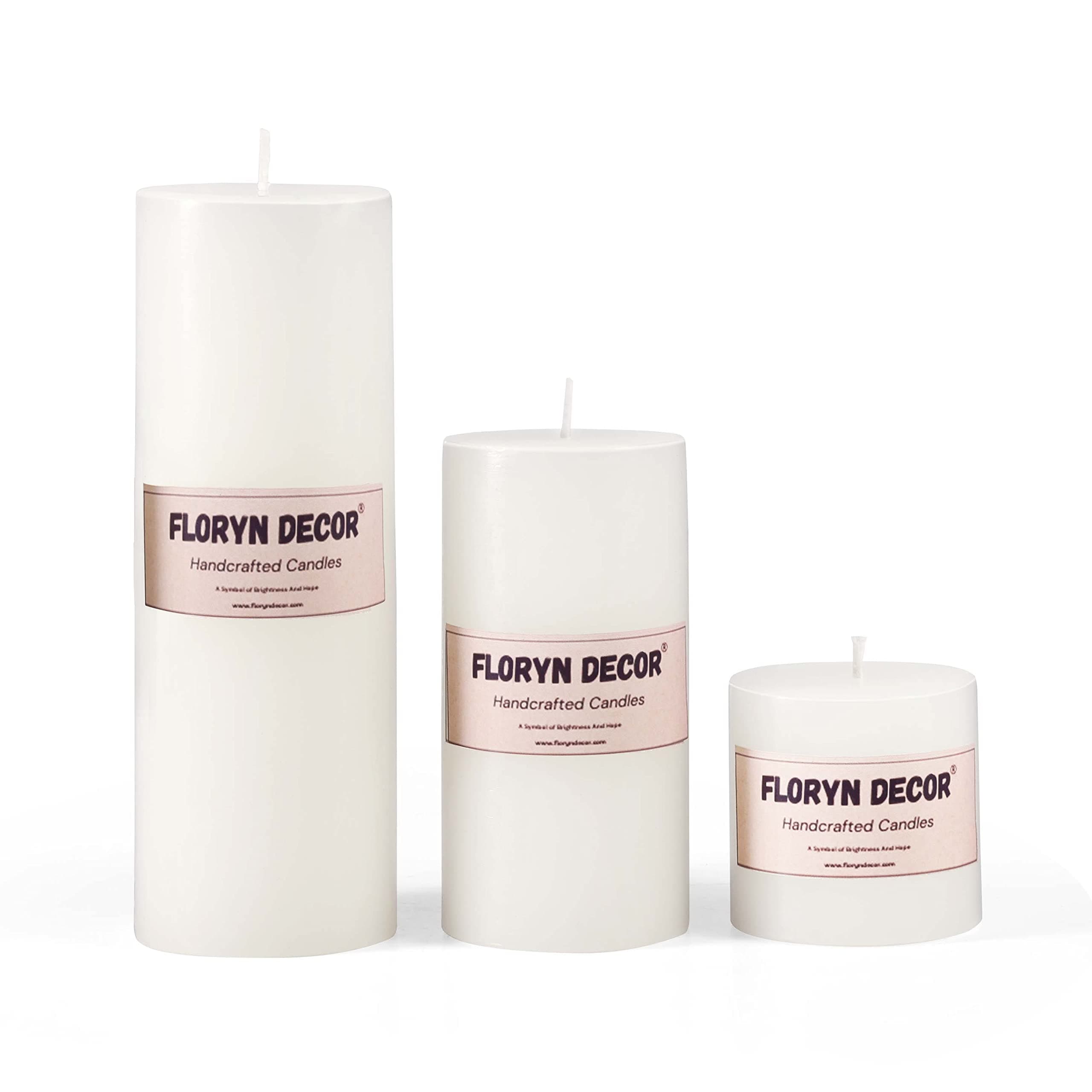 Paraffin Wax Smokeless White Candles, Pack of 3 Pillar Candles for Home Decor | Unscented, (2 by 6, 2 by 4, 2 by 2 inches)