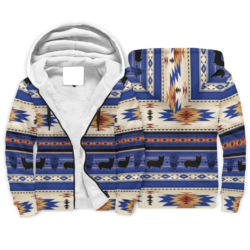 Firelife Aztec Tribal Corgi Men's Hooded Jacket, Long Sleeve Hoodie with Zip, Winter Warm Sherpa Inner Hoodie Pullover Jacket Winter Jacket with Hood
