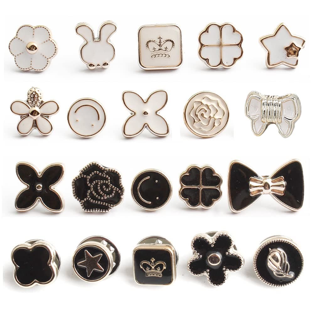 20 Set Black Women Shirt Brooch Buttons White No Sew Button Pins Safety Mini Brooch Pins Cover up Button(Black and White Buttons)