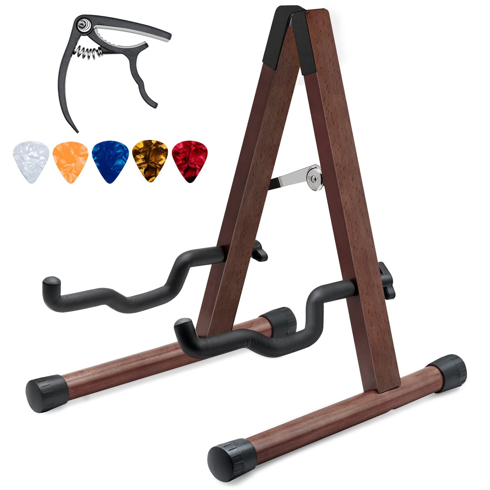 Acoustic Guitar Stand,Wooden Guitar Stand,5 Free Guitar Picks and 1 Free Guitar Capo, A-Frame Folding Guitar Stand for Bass, Mandolin, Banjo
