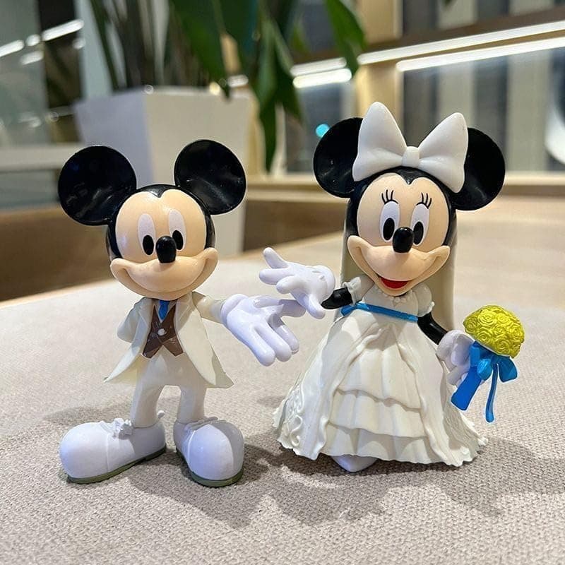 Cute 11cm Mickey & Minnie Mouse Figures - Set of 2, Wedding Pose Figure, Funny Bride and Groom in White Dress, Cake Decoration Set