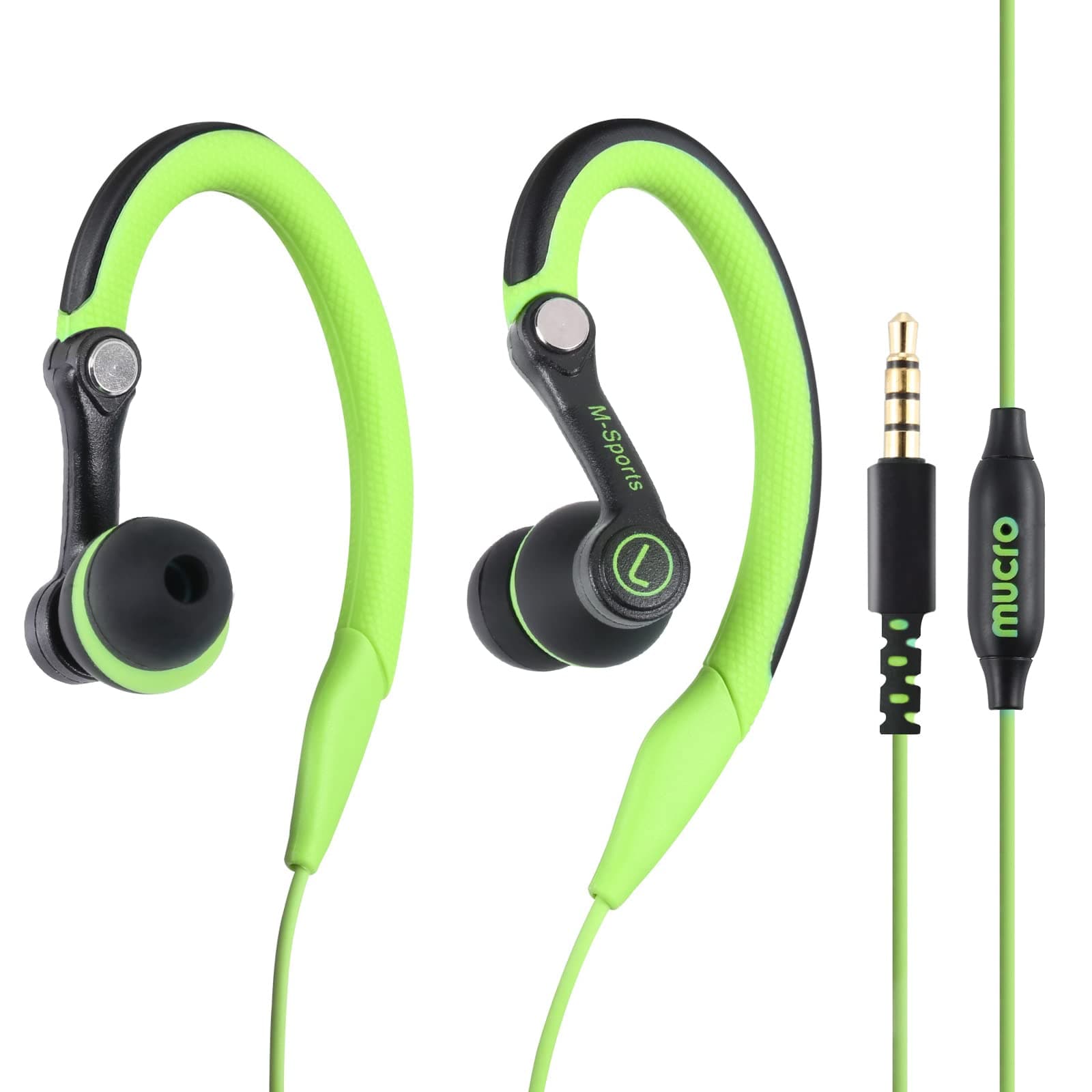 Sports Headphones Wired Earbuds with Microphone, Over Ear Hook Earphones Sweatproof in Ear Running Exercise Workout Gym Ear Buds for 3.5mm Jack Devices Green