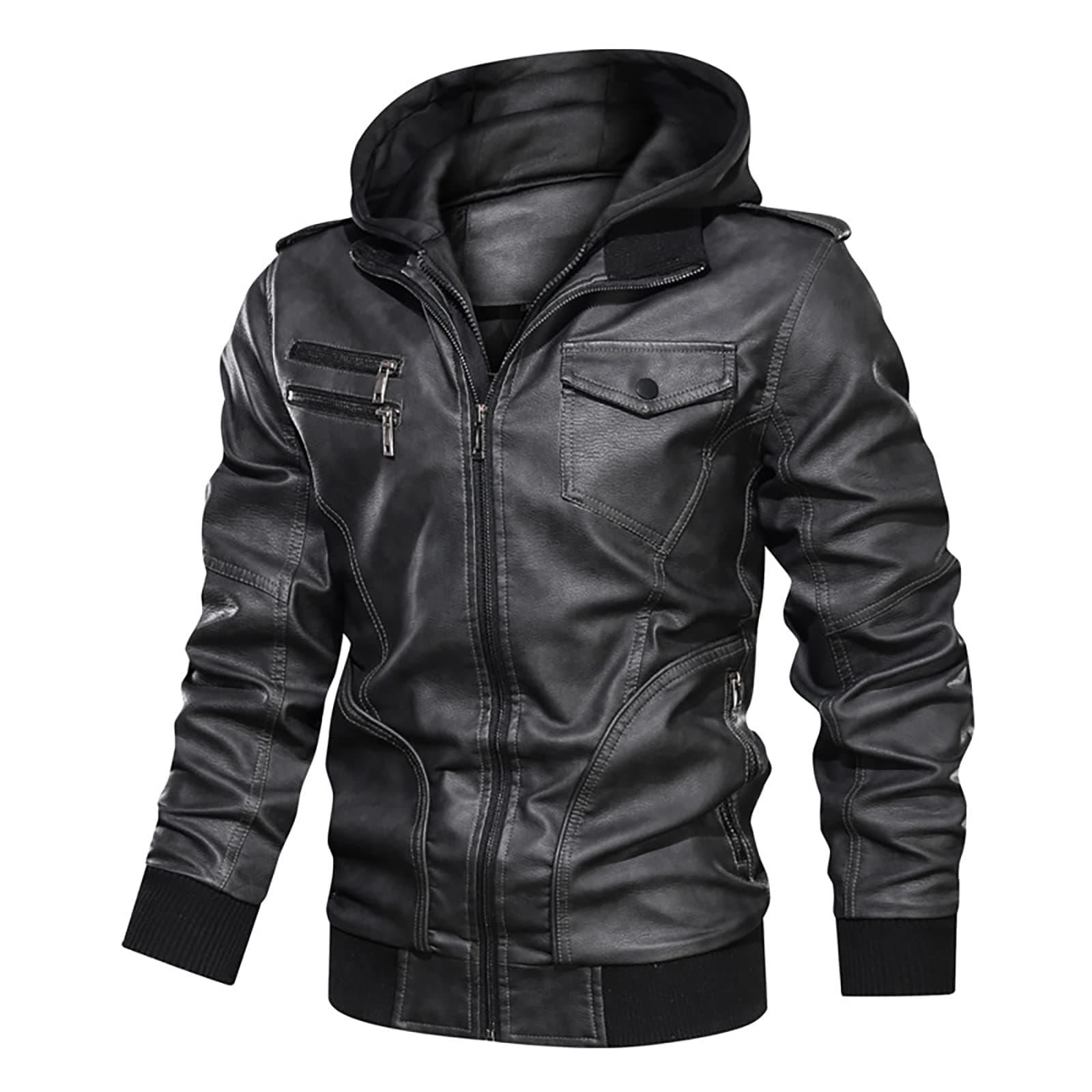 HHMacro Men's Casual Pu Leather Hoodie Jacket Slim Fit Bomber Jackets with Hood Windbreaker Coat,Black-XL