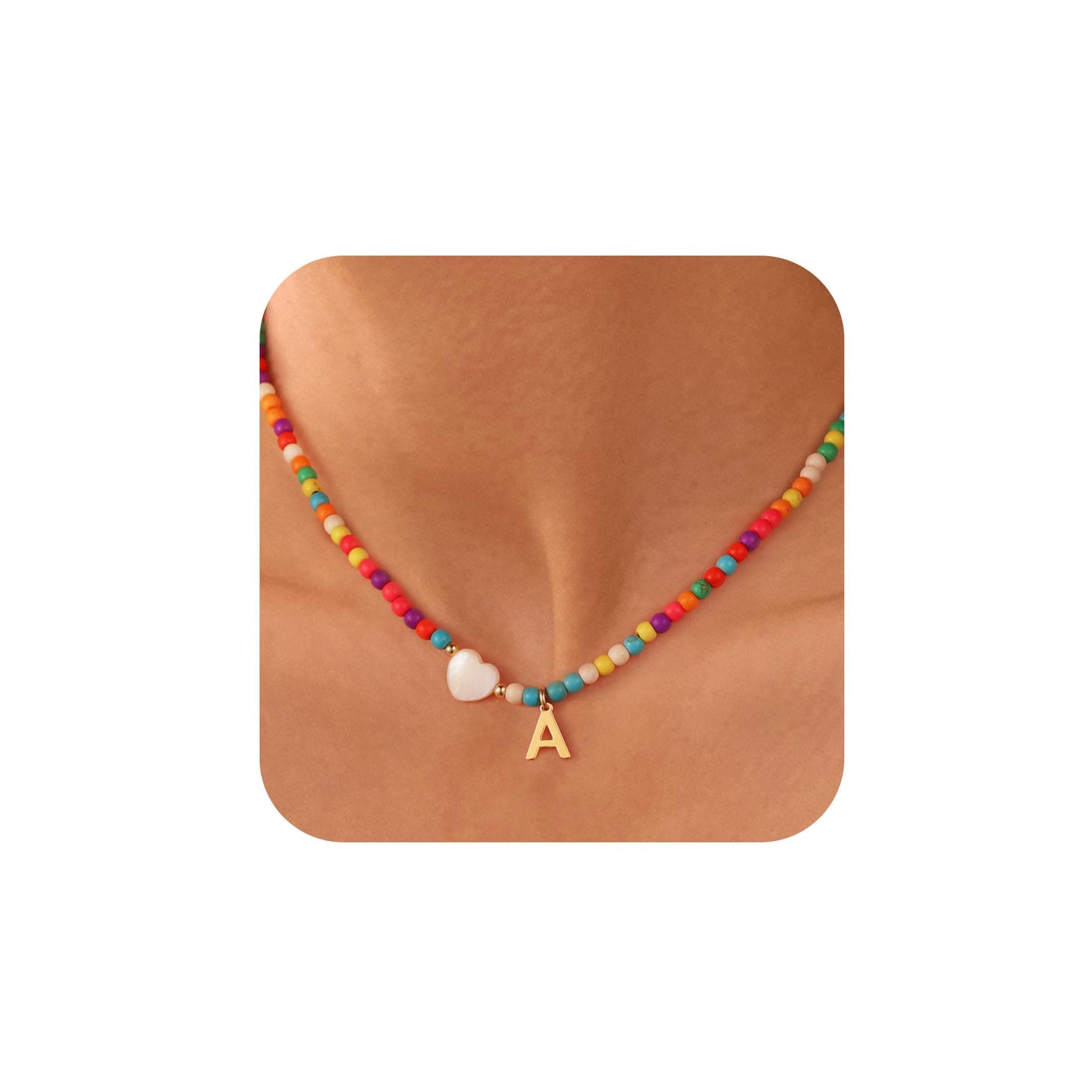 Ursteel Easter Gifts Basket Stuffers for Kids Girls - Colorful Beaded Initial Choker Necklace for Women Teen Girl, Personalized Letter Initial Gifts for Women Kids Jewelry