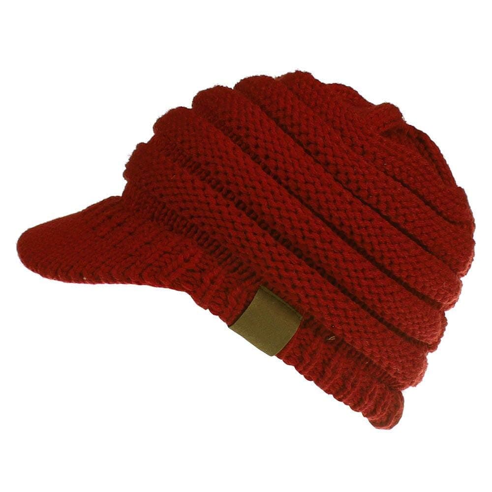 CCOBOB Weaving Ponytail Hat Warm Knit Messy High Bun Messy Visor Beanie Cap (Wine Red)