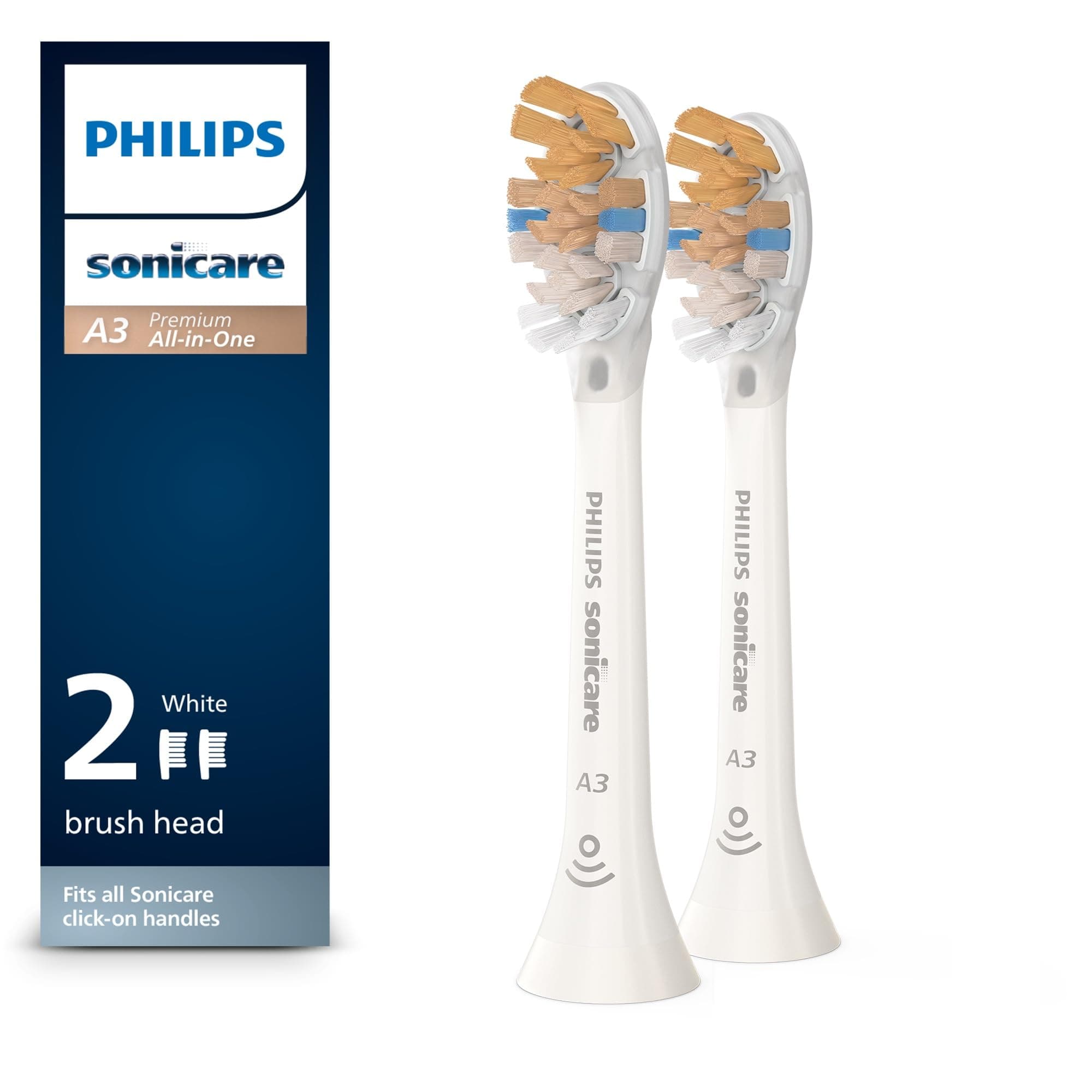 Philips Sonicare Genuine A3 Premium All-in-One Replacement Toothbrush Heads, 2 Brush Heads, White, HX9092/65