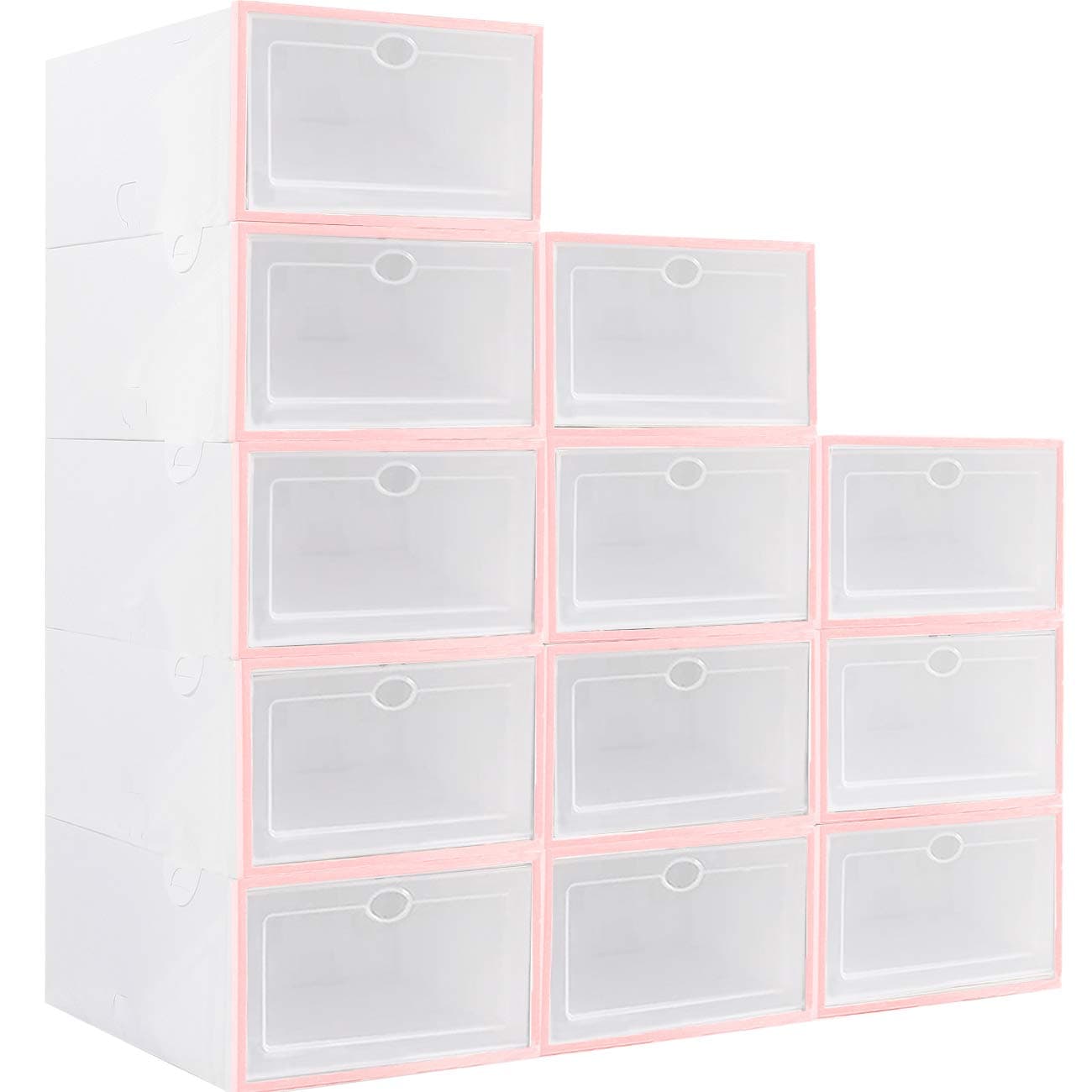 Shoe Storage Boxes Clear Plastic Stackable Shoe Organizer 12 Pack (Pink)