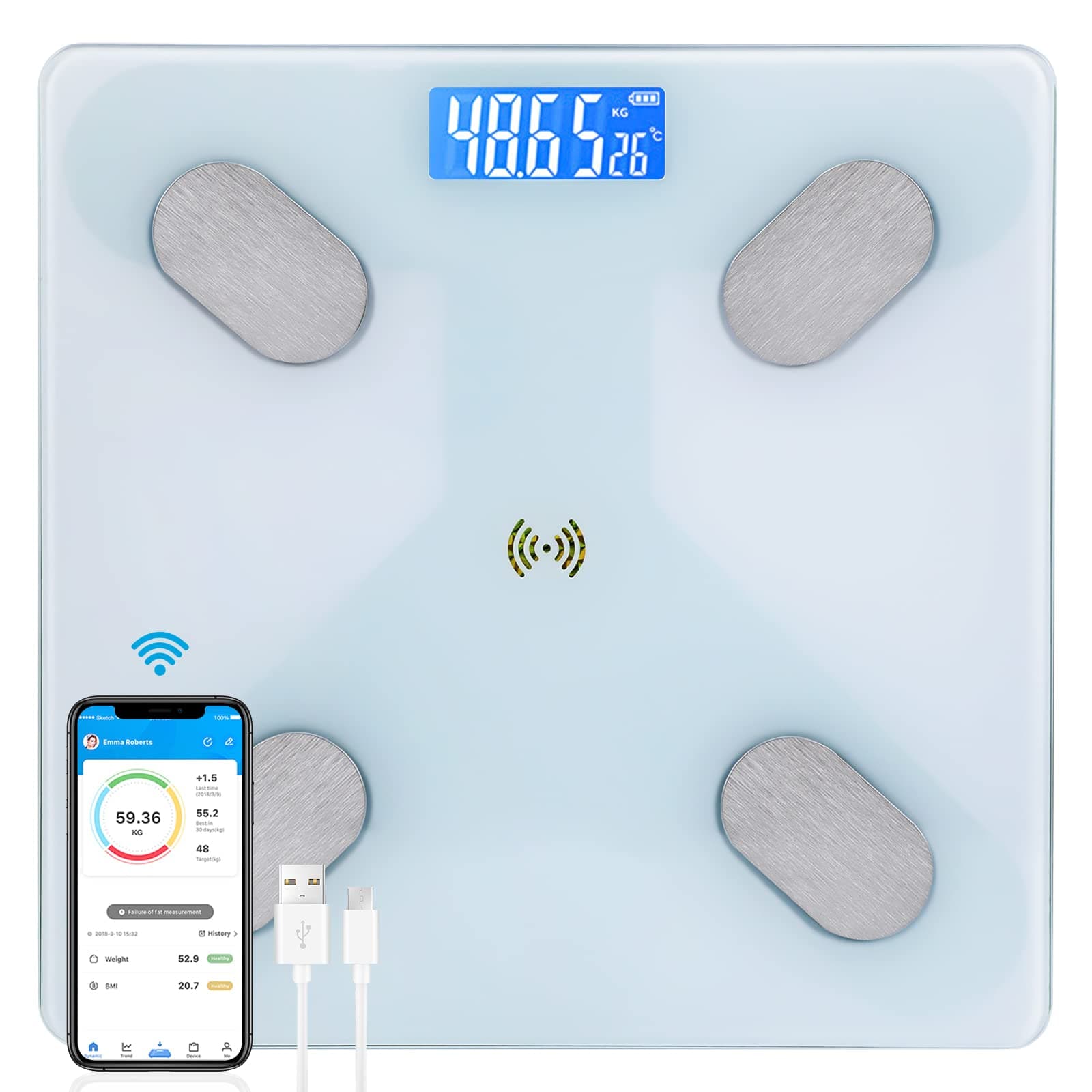Digital Weight Scale,Bluetooth Body Fat Scale,LED Display and Step-On,Body Composition Monitor Health Analyzer,with USB Charging,26x260x2cm,White