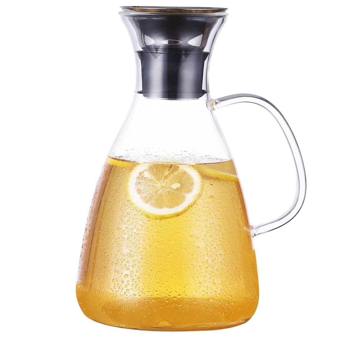 "Goodeserve" 55 Oz Heat Resistant Borosilicate Water Carafe Glass Pitcher with Stainless Steel Flow Lid, Kettle with Handle, Great for Juice and Iced Tea GD18436 (With Handle)