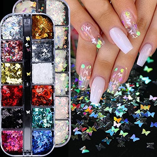 BFY Butterfly Nail Art Stickers Decals Butterfly Glitter Butterfly Nail Sequins & Heart Nail Decals Manicure Nail Art Design For Women Nail Art Supplies Accessories, 2 Box Butterfly &Heart
