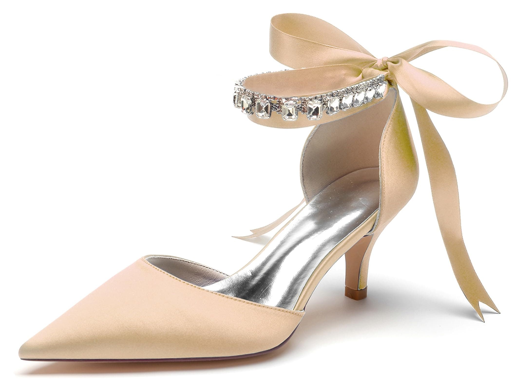 HanfikeSatin Evening Dress Shoes for Bridal Bridesmaids Ankle Chains Evening Prom Pumps with Ribbon JY136 Champagne US 8.5