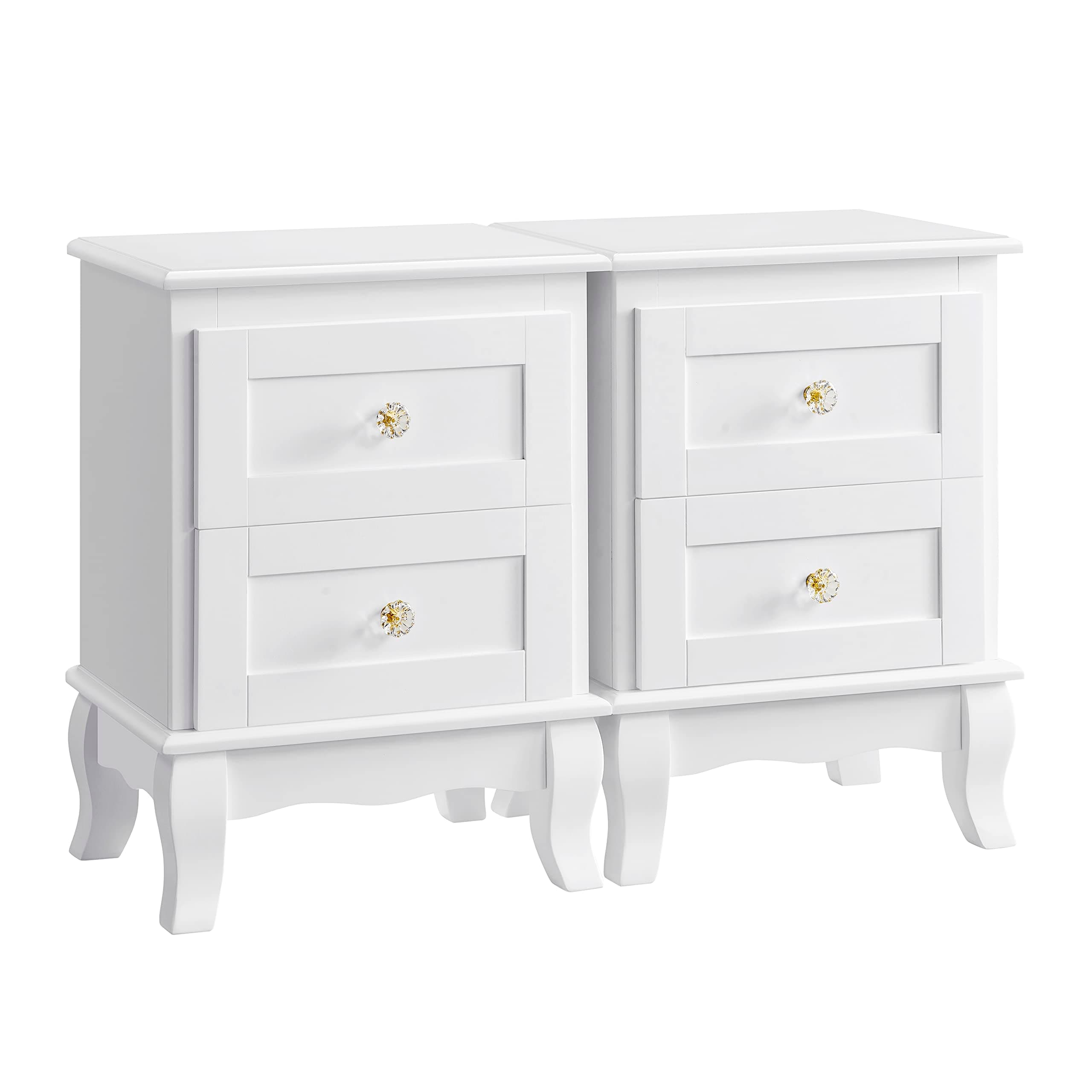 VASAGLE 2 Bedside Tables, Beside Cabinet with 2 Drawers, Wooden Night Stands with Solid Pine Wood Legs, Spacious Storage, White RDN012