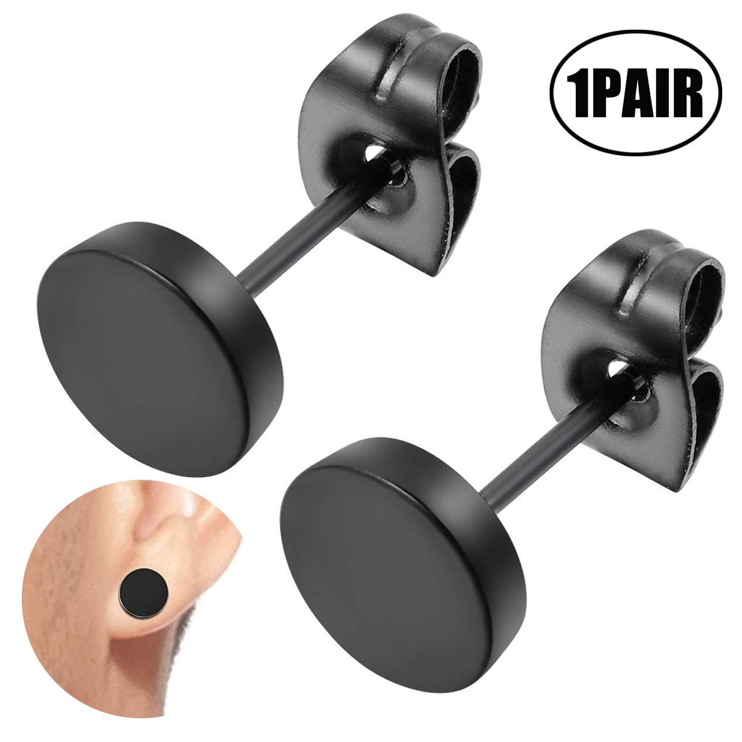 JZZJ Pair of Mens Womens Stainless Steel Unisex Illusion Round Tunnel Plug Post Stud Earrings 2pcs, Black（Black (5mm, 2pcs)）