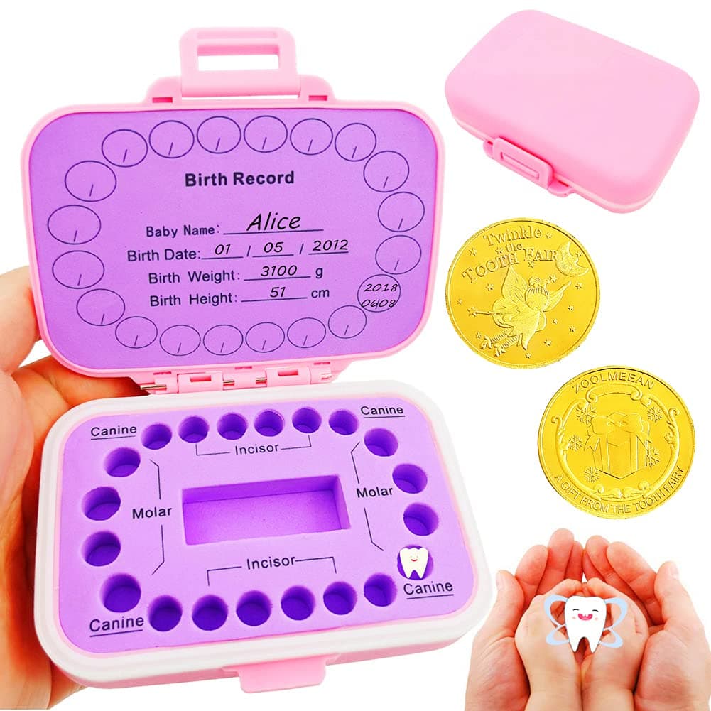 Baby Teeth Keepsake Box, Tooth Fairy Box, Tooth Storage Holder, Lost Deciduous Tooth Collection Organizer with 2Pcs Tooth Fairy Golden Coin, Save Children Teeth to Keep The Childhood Memory (Pink)