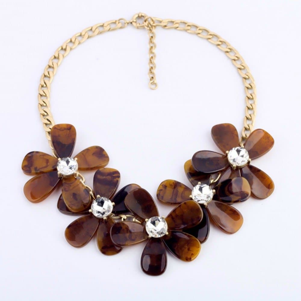 MidnightGirls Resin Tortoise Crystal Statement Necklace Fashion Flower Rhinestones Brown Fall