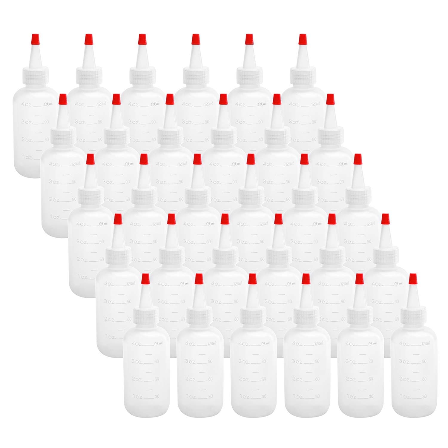 Hedume 30 Pack 4-Ounce Plastic Squeeze Bottles with Red Tip Cap and Measurement - BPA-Free, Latex-Free, Food-Grade - Good for Crafts, Art, Glue, Sauces, Ketchup, BBQ