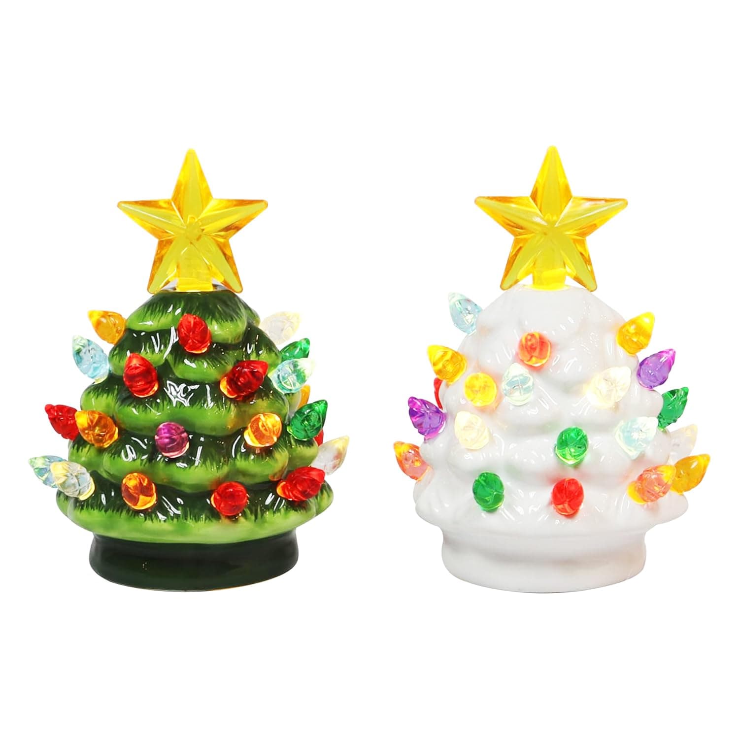 Ceramic Christmas Tree Set of 2 Mini 3.5”H LED Light Up Tabletop Trees with Multicolor Bulbs & Star Topper, Battery Operated, Vintage Holiday Décor for Mantel Table or Desk