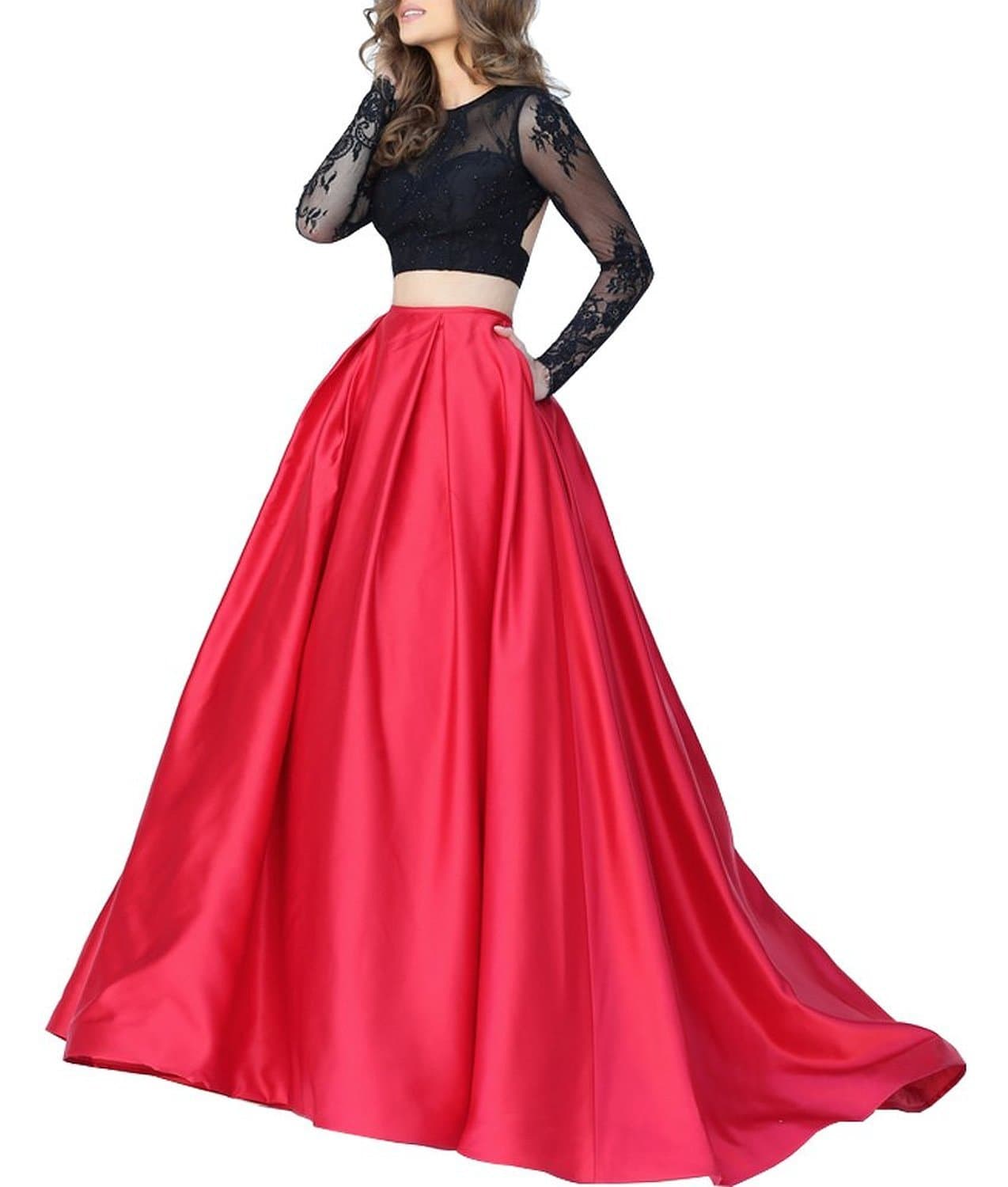 Illusion Lace Two Piece Prom Evening Cocktail Dress with Sleeves CU016 Black and Red