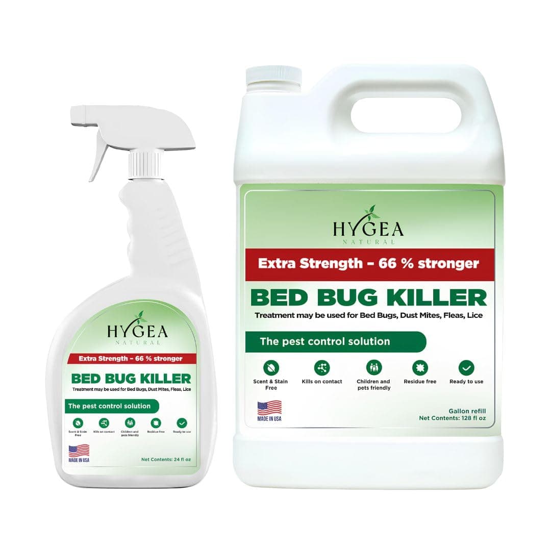 Hygea Natural Extra Strength Bed Bug & Lice Elimination Duo - Extra Strength 24 oz Lice, Bed Bug & Mite Spray & 128 oz Spray Refill - Child & Pet Friendly - Stain & Odor Free - 66% Stronger Formula