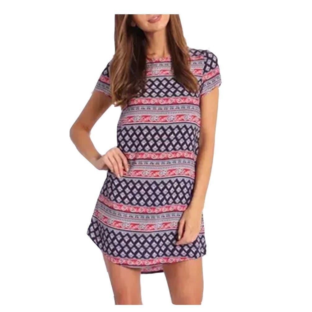 Fashion women striped floral summer mini Dress short sleeve casual(Size L)