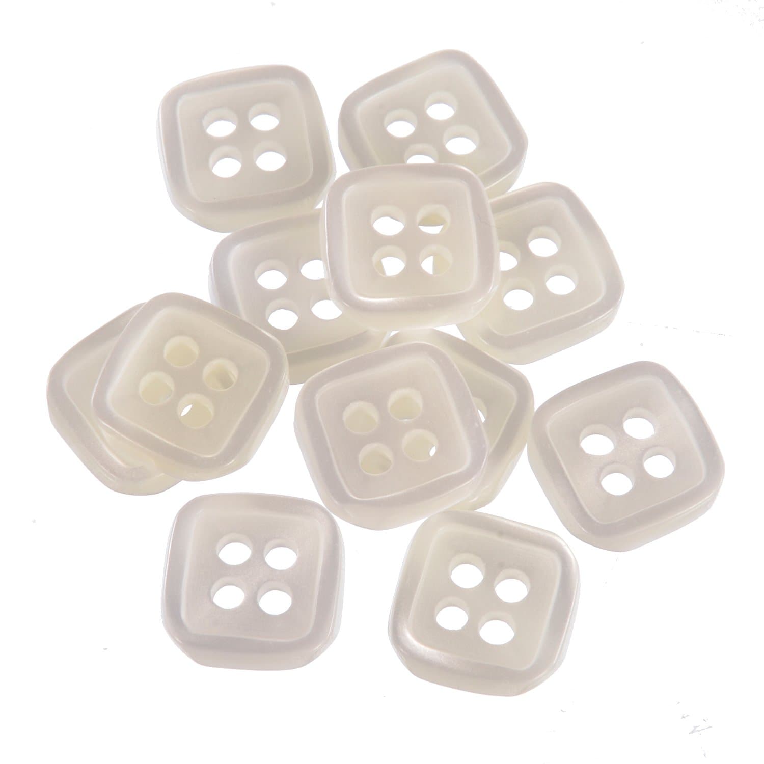 Mibo 12pcs Polyester Shirt Button - 4 Holes - Imitation Trochas Shell - Square Shape with Rim - 20L(12mm) - Ivory White