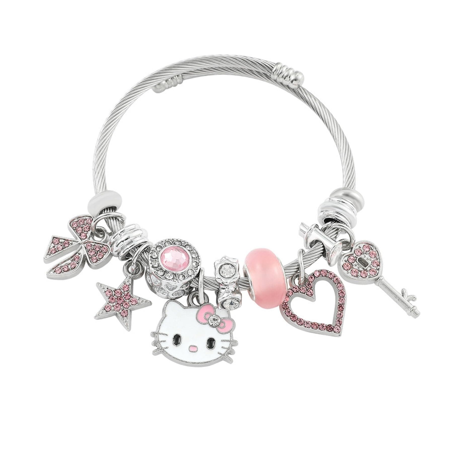 Hello Jewelry Bracelet Charms Braclet, Pink Kitty Bangle Women Matching Accessories, Gift for Her