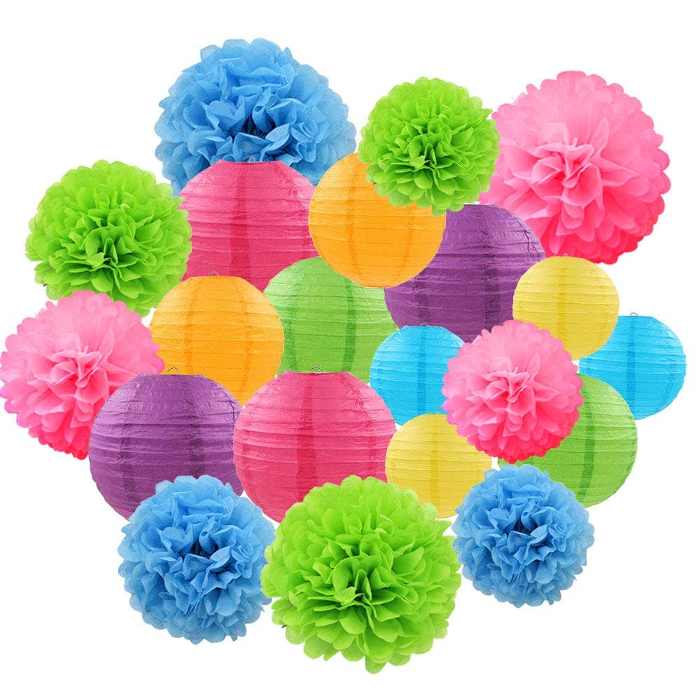 Libershine Party Decoration, 21 Pcs Paper Lanterns Tissue Paper Pom Poms Flower for Birthday Party Wedding Festival Christmas Decorations - Colorful
