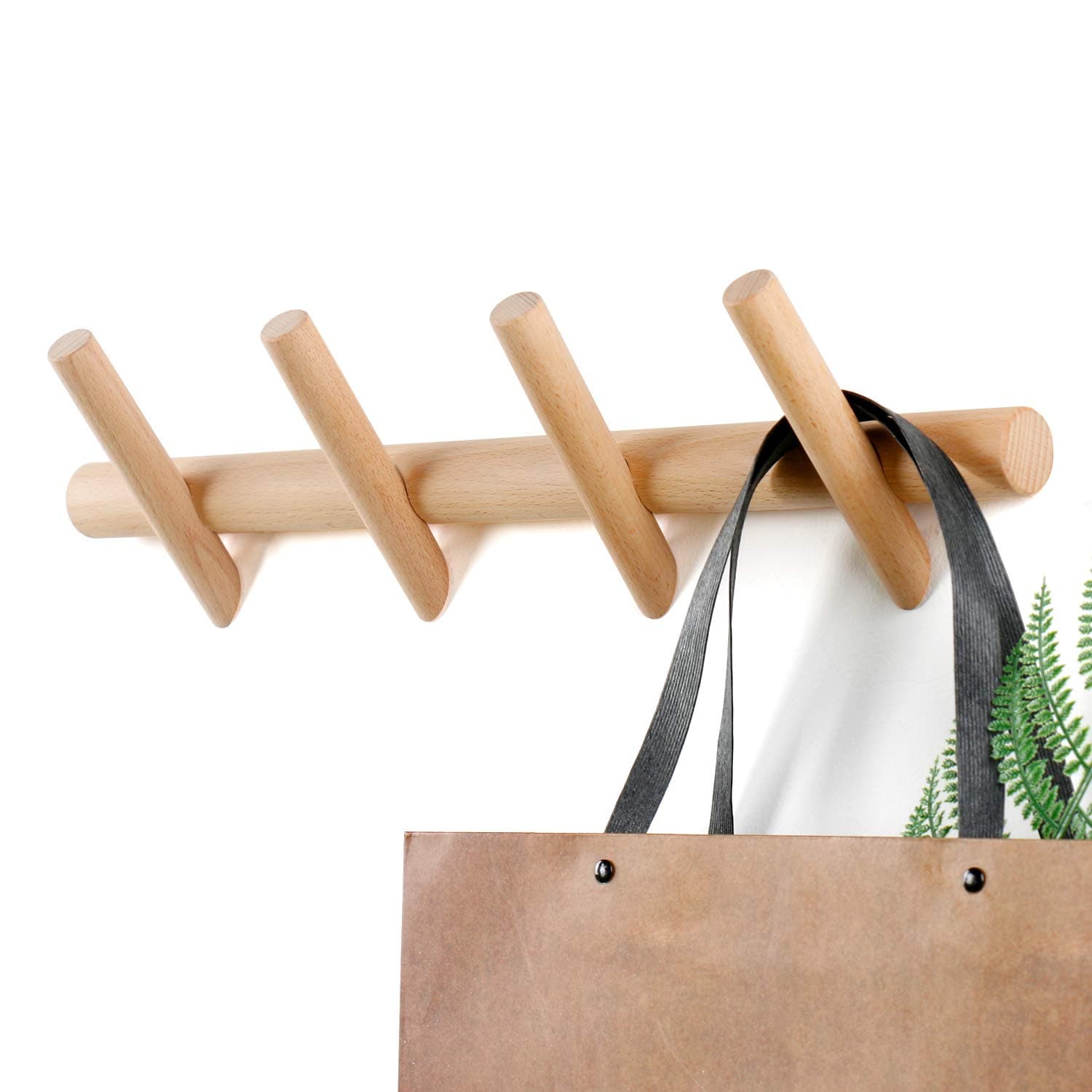 Wood Coat Hooks Wall Mounted Hat Rack Tower Hanger Wall Hooks Decorative Hanger with Pegs Entryway Bedroom Bathroom（Beech Wood,4 Hooks）