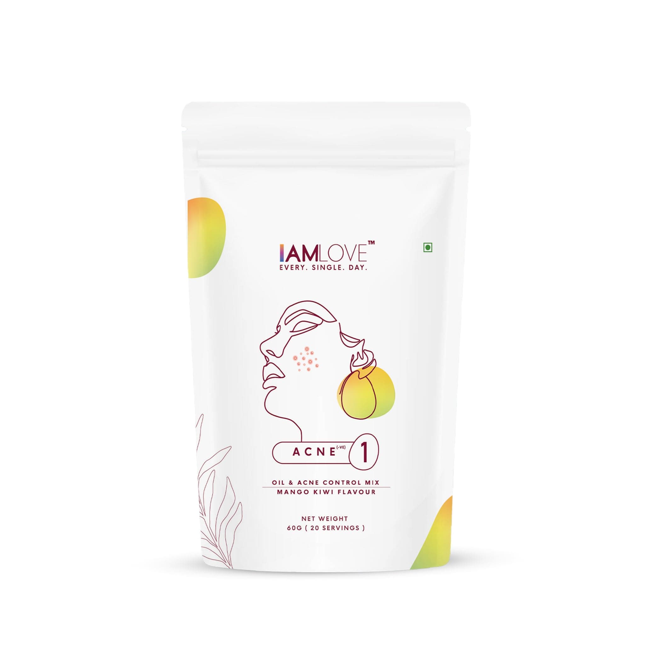 I AM LOVE Acne Negative (-ve) Powder Supplement Mini - 60g (Mango Kiwi Flavor) For Men And Women, Skin Nourishing Supplement with Hyaluronic Acid| Reduce Excess Oil, Mild To Moderate Acne & open pores