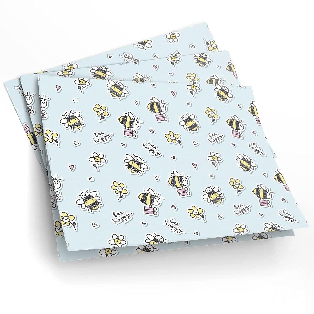 4 x Wrapping 70x50cm Paper Eco-Printed | Bee Happy Cute Bumble Honey Bee Pattern | Perfect for DIY, Christmas, Father’s Day, Easter, Halloween, Birthdays #170083