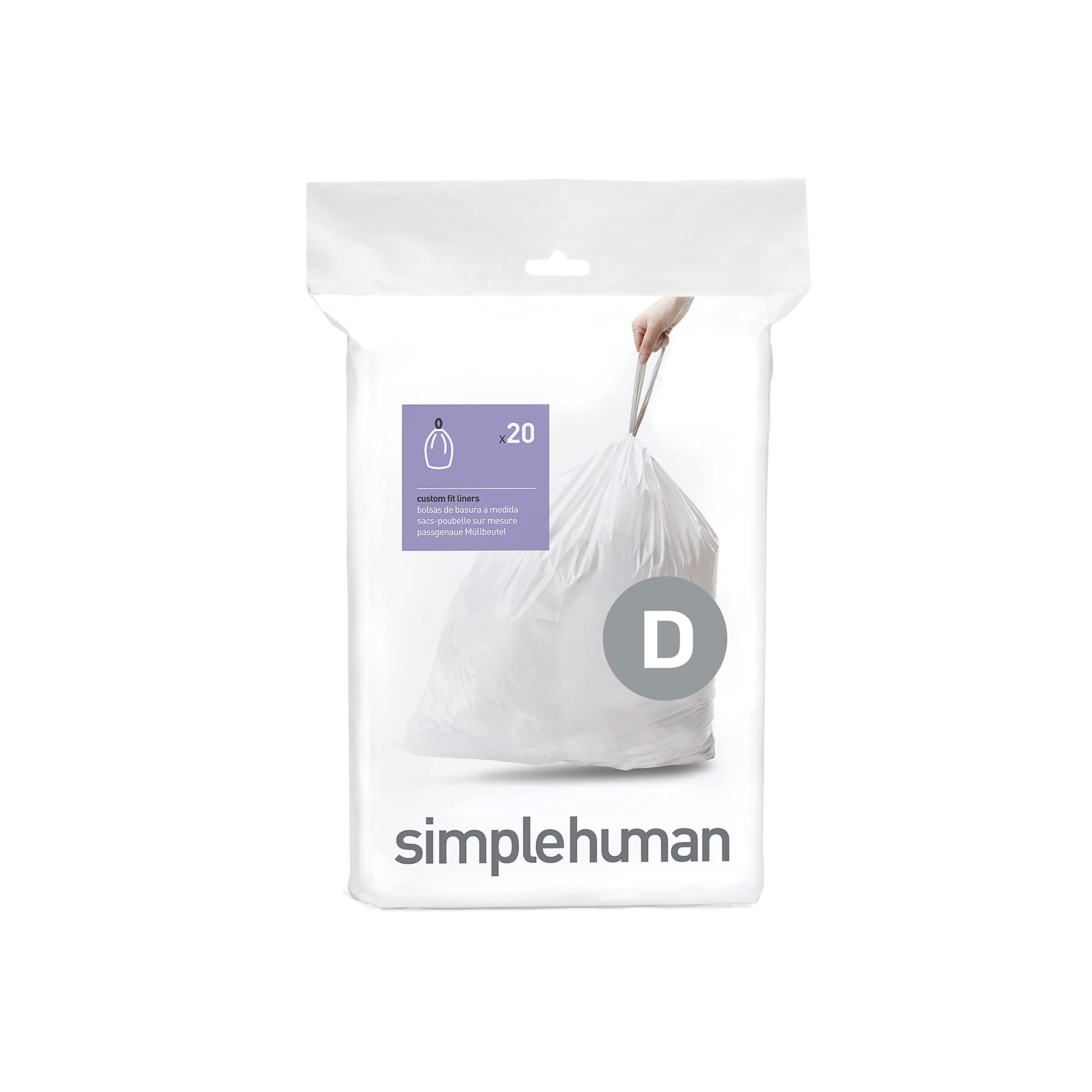 simplehuman code D custom fit liners 3 refill packs (20 liners), Code D - 20L / 5.2 Gallon, White