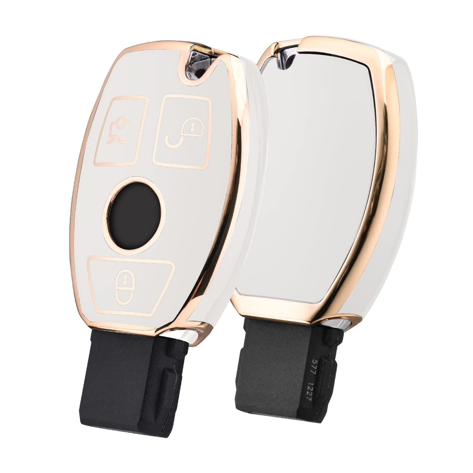 OATSBASF Mercedes Benz Car Key Case, Key Cover for Mercedes Benz W204 W211 2-3 Keyless Buttons A B C E Class (Golden Edge White)