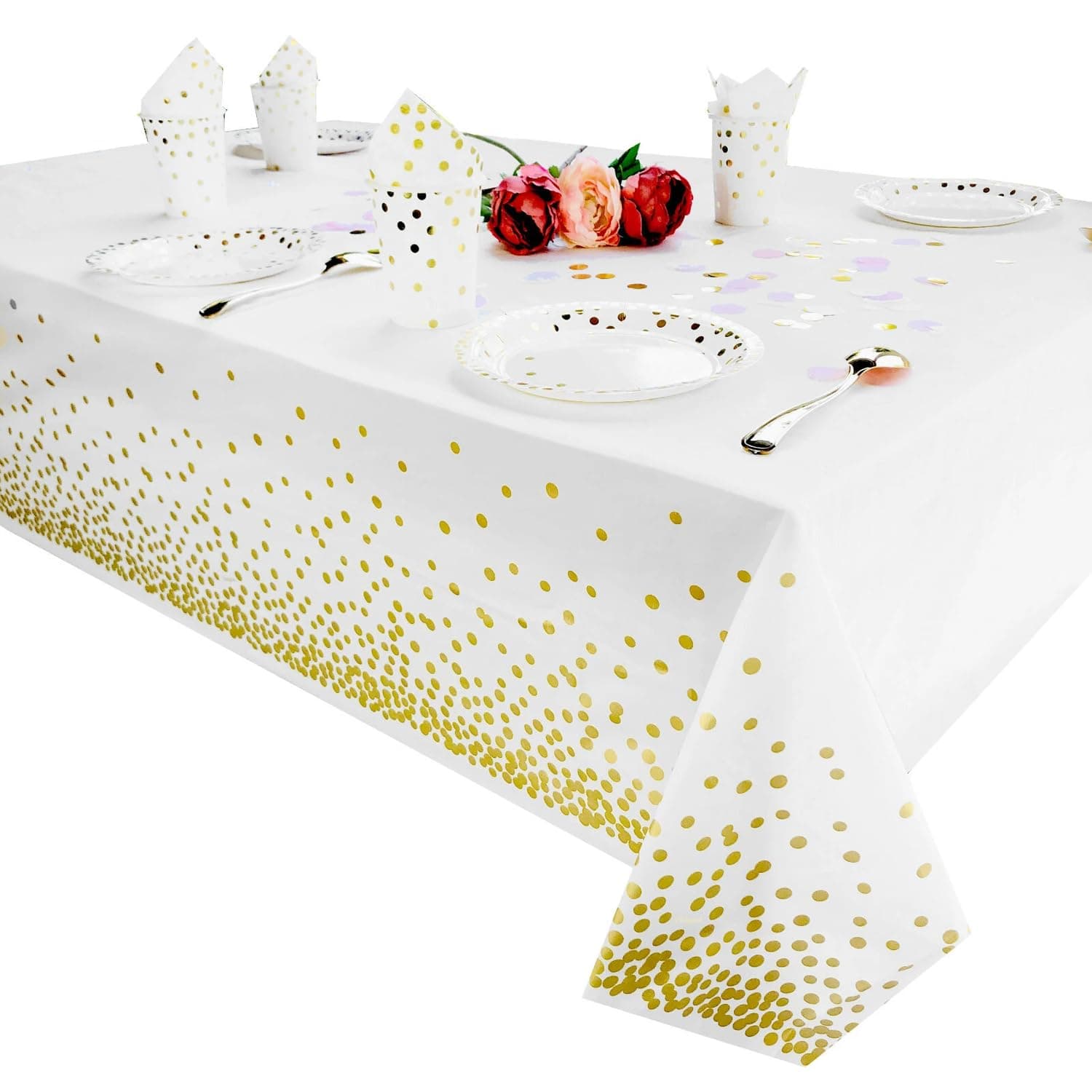 AMERTEER Gold Dot Plastic Tablecloth | Waterproof Disposable Table Cover for Birthday, Wedding, Baby Shower, Party Décor | White Rectangle Tablecloth with Gold Dots (1 Pack,"54x108")