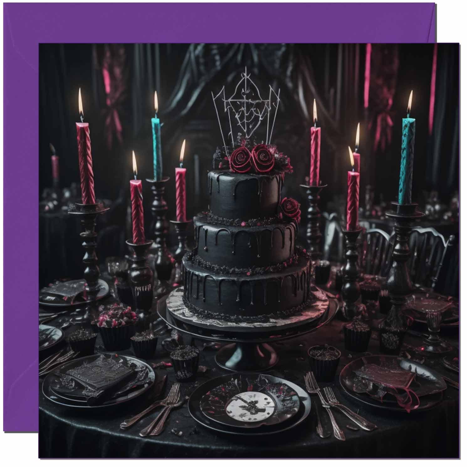 Gothic Birthday Card - Black Gothic Wedding Cake Birthday Cake Card 145 x 145mm