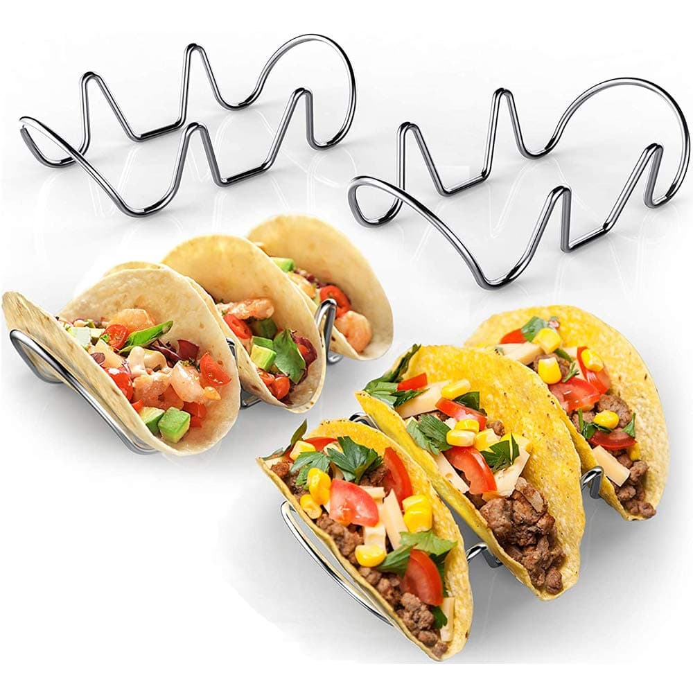 Taco Holders - 4 Pack Stainless Steel Taco Stands - Holds 12 Tacos - Fits Most Plates - Oven & Dishwasher Safe - Stackable Trays - Racks Hold Hard Shell Tacos