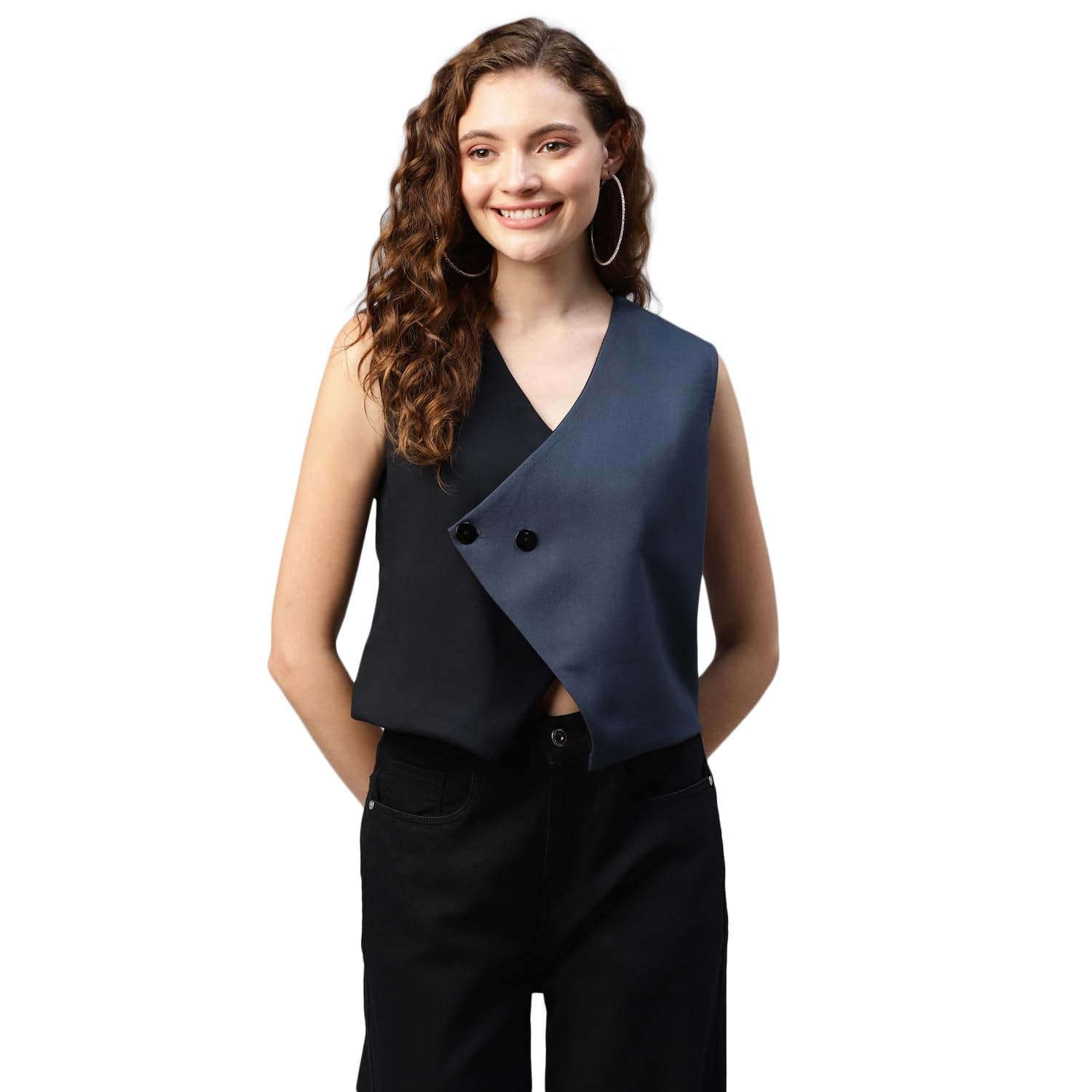 DEEBACOWomen's Solid Rayon Waistcoat for Women V-Neck Button Closure Sleeveless Waist Coat With Two Pockets Party Casual Wear Ladies Nehru Jacket (Multicolor)