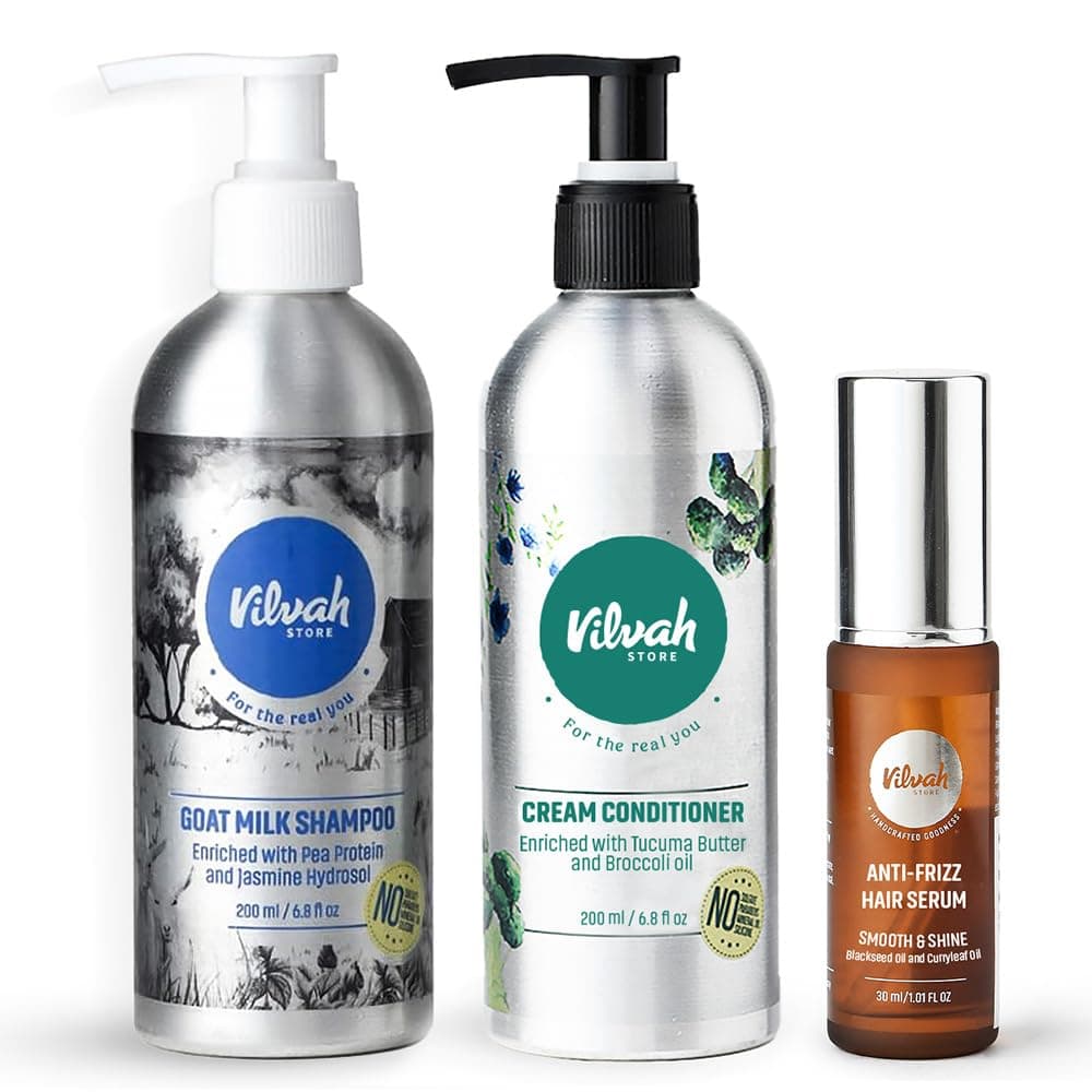 Vilvah Frizz Free Hair Combo | Anti-Frizz Hair Serum 30ml + Goat Milk Shampoo 250ml + Cream Conditioner 250ml | Smoothens, Hydrates & Controls Frizzy Hair | Reduces Breakage & Flyaways | For Dry, Damaged, Frizzy Hair