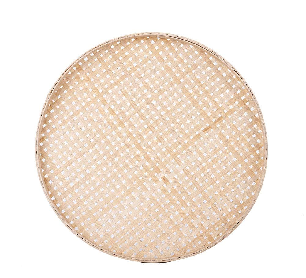 100% Handwoven Flat Wicker Round Fruit Basket Woven Food Storage Weaved Shallow Tray Organizer Holder Bowl Decorative Rack Display Kids DIY Drawing Board (Sqaure Hollow-Bamboo White, 36cm/14")