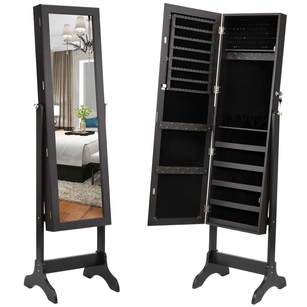 LANGRIA Lockable Jewelry Cabinet Jewelry Armoire with Mirror Jewelry Holder Organizer Storage, 4 Angle Adjustable, Brown