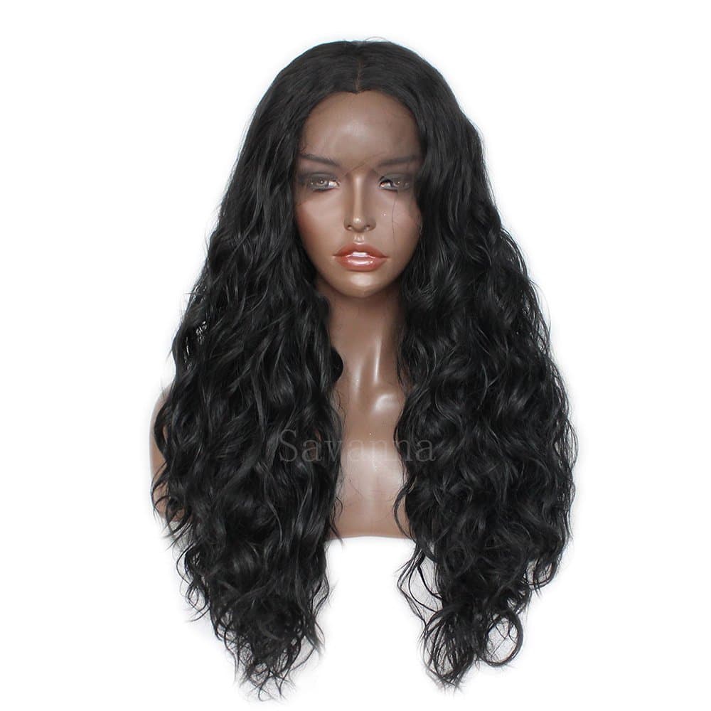 Oxeely Fashion Wavy Synthetic Lace Front Wigs Heat Resistant Long Black Wig with Baby Hair Around (20)